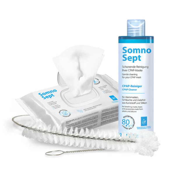 Kit de nettoyage CPAP contenant des lingettes, une brosse et un nettoyant